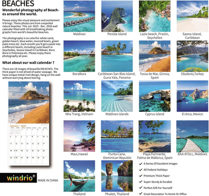 2025 Wall Calendar,Calendar 2026, July 2025 - December 2026, Wall Calendar Beaches, 12" x 24" Opened,Full Page Months Thick & Sturdy Paper for Calendar Organizing & Planning