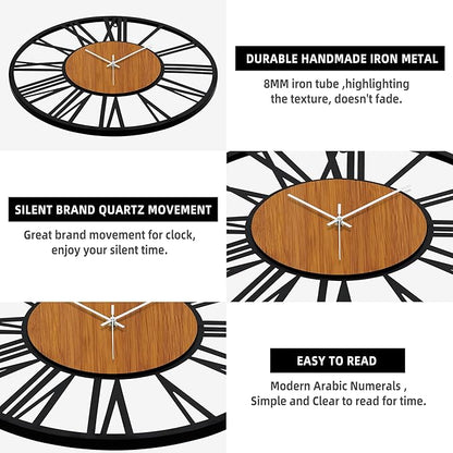 LEIKE 32" Oversized Large Wall Clocks,Silent,Non Ticking,Battery Operated Modern Round Big Wood Decorative Metal Wall Clock for Living Room, Bedroom,Kitchen,Farmhouse,Office Decor - Black,32 Inch
