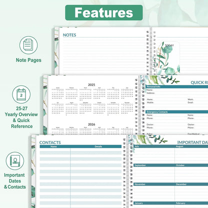 SUNEE 2025-2026 Appointment Book, Quarter-Hourly, Weekly & Monthly - from July 2025 to June 2026, 8.5"x11" Academic Planner, Flexible Cover, Note Pages, Bookmark, Spiral Binding, Leaves
