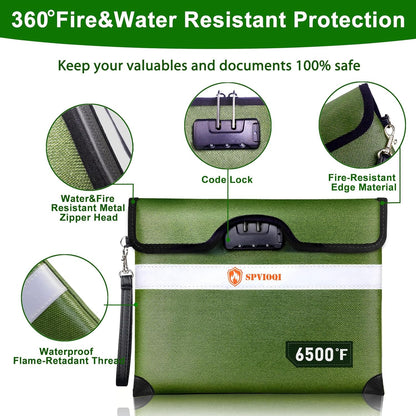 Upgraded 6500°F Fireproof Document Bag with Lock, Fireproof Money Bag for Cash w. Zipper/Reflective Strip, 10Layers of Heat Insulated Materials, Water Resistant Fireproof Bag for Documents, Fire Bag