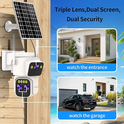 Triple-Lens Solar Security Cameras Wireless Outdoor,360°PTZ Cameras for Home Security with 10x Hybrid Zoom,5G/2.4G WiFi,No Month Fee,PIR Alarm,Full Color Night Vision, Two-Way Audio,IP65