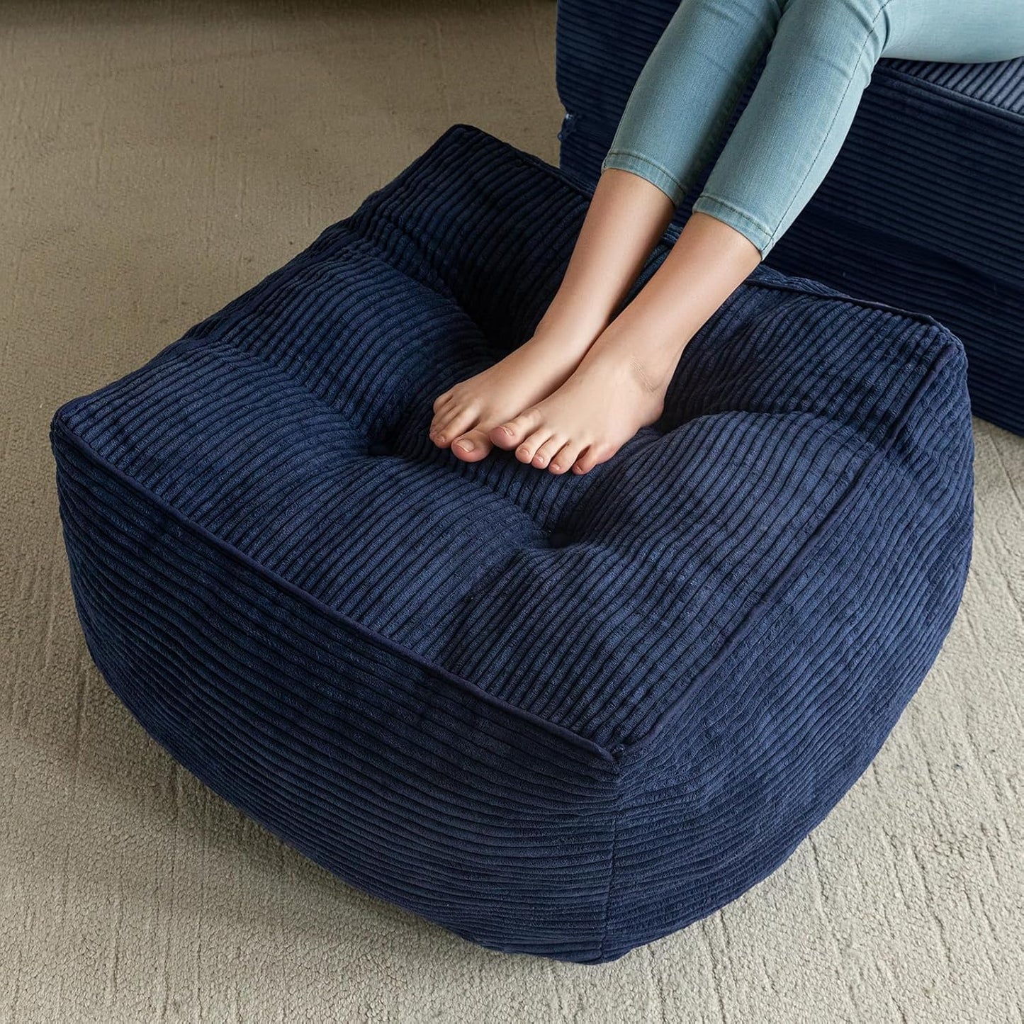 HIGOGOGO Square Stuffed Pouf Ottoman, Corduroy Poufs with Foam Chunk Filling, Furry and Fluffy Pouf Foot Stool Storage Ottoman, 25.6 X 25.6 Floor Poufs Foot Rest for Living Room, Navy