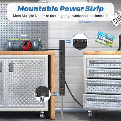 HEZI 20 Amp Power Strip Surge Protector 1200J, Metal 8 Outlets Heavy Duty 20amp, 15Ft 12 Gauge Extension Cord for Appliance Workbench Garage Industrial, Combine with T-Plug Adapter,5-20R T-Slot