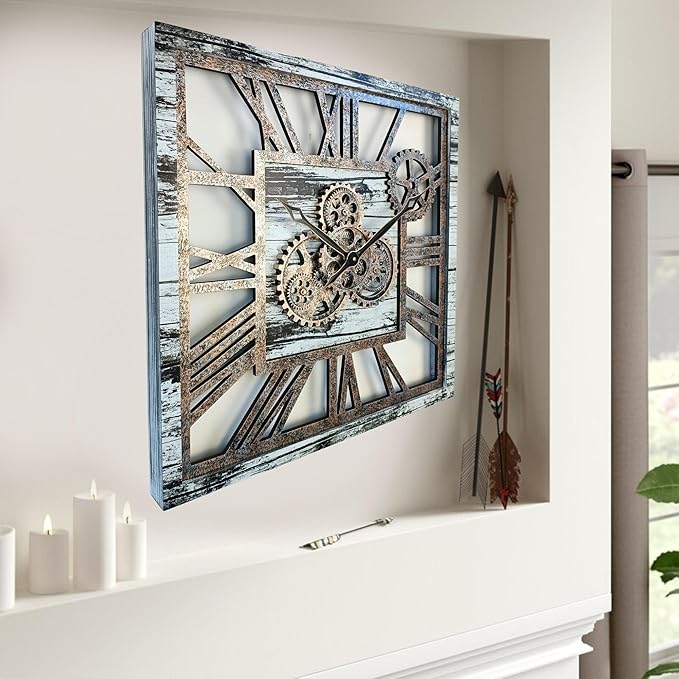 ImprovingLife The Gears Clock 24'' Inch Square Real Moving Gear Wall Clock Vintage Industrial Oversized Rustic Farmhouse (Grey and White)