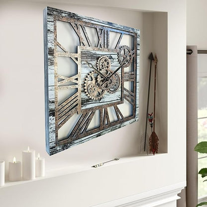 ImprovingLife The Gears Clock 24'' Inch Square Real Moving Gear Wall Clock Vintage Industrial Oversized Rustic Farmhouse (Grey and White)