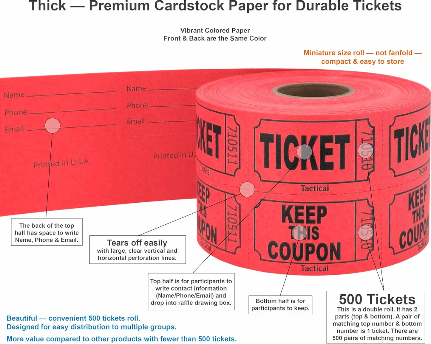 Tacticai 500 Raffle Tickets, Red (1 of 8 Colors), Double Roll, Ticket for Events, Entry, Class Reward, Fundraiser & Prizes