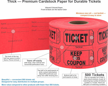 Tacticai 500 Raffle Tickets, Red (1 of 8 Colors), Double Roll, Ticket for Events, Entry, Class Reward, Fundraiser & Prizes