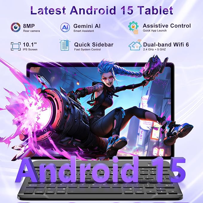 10 Inch Tablet Android 15 Tablets with Keyboard, 30GB 64GB 1TB Expand Tab PC with 2.0GHz Octa-Core, 8MP Camera, 6000mAh, GMS, WiFi 6, BT 5.0, FHD Display, Widevine L1, Gemini AI (Black)