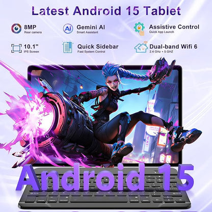 10 Inch Tablet Android 15 Tablets with Keyboard, 30GB 64GB 1TB Expand Tab PC with 2.0GHz Octa-Core, 8MP Camera, 6000mAh, GMS, WiFi 6, BT 5.0, FHD Display, Widevine L1, Gemini AI (Black)