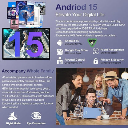 2025 Android 15 Tablet with Keyboard | Gemini AI, 30GB+128GB Octa-Core Electronics Tablets w/ 10 Inch IPS HD Display, 8000mAh, 5G WiFi, 1TB Expand, Mouse+Case, BT 5.0, Widevine L1, Metal Body -Blue