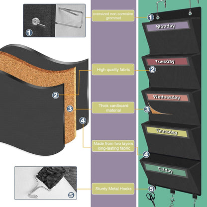 Weekly Over the Door File Organizer, Hanging File Folders Wall Organizer with 5 Large Pockets for Papers, Charts, Mails, Magazine, Office and Back To School Supplies Storage and Organization (Black)