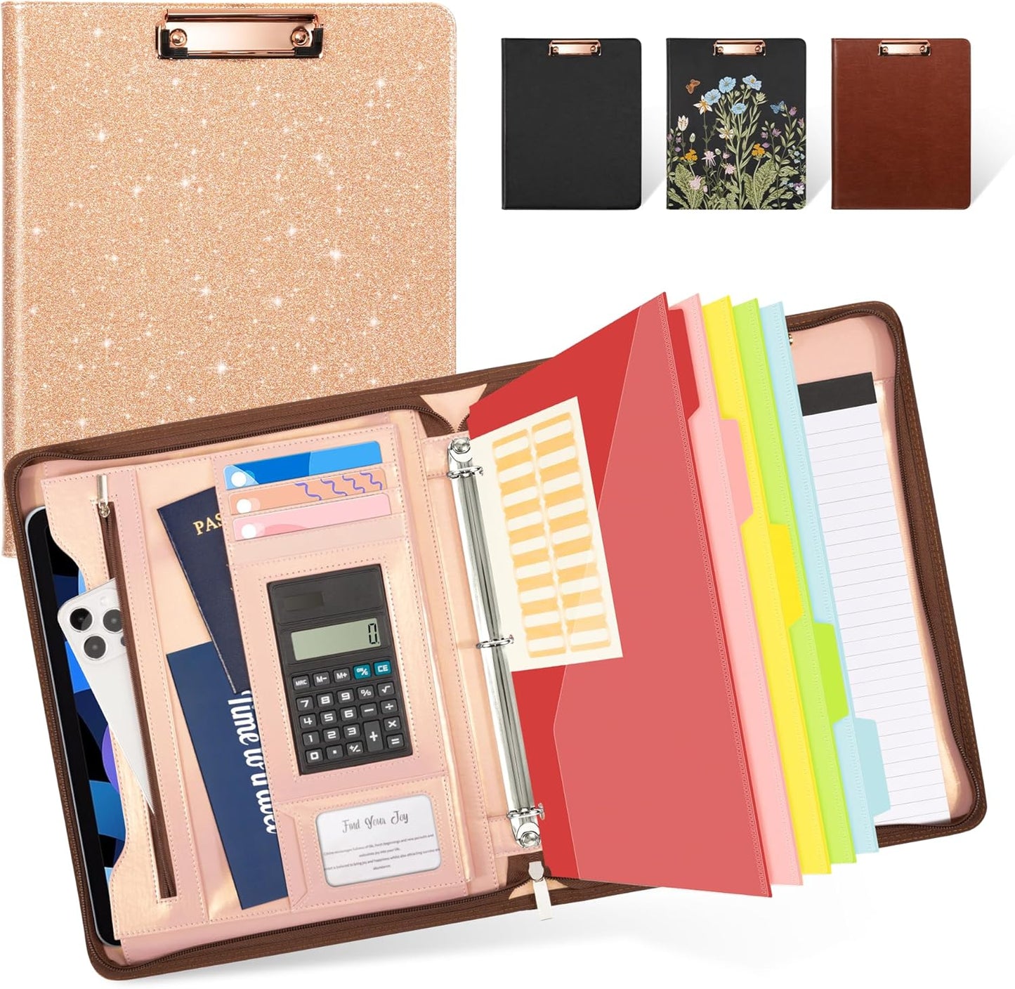 Ospelelf Clipboard with Storage, 3 Ring Binder with Zipper, Leather Padfolio Portfolio Folder, Calculator, 12.1” Tablet Sleeve, 5 Dividers with Pocket|Refillable Notepad, Card Slot (Rose Gold)