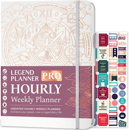 Legend Planner PRO Hourly Schedule - Weekly & Daily Organizer with Time Slots. Appointment Book Journal for Work & Personal, A4 (White Gold)