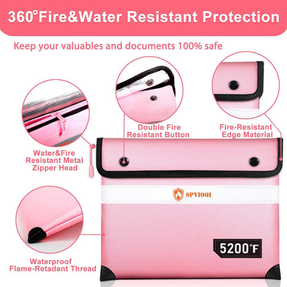 Upgraded Fireproof Document Bag 5200°F - with Heat Insulated, Fireproof Bag with Zipper/Reflective Strip, 9 Layers of Functional Materials, Fireproof Money Bag for Cash/Documents, Water Resistant Pink
