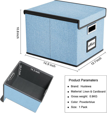 Huolewa Collapsible File Storage Organizer Box with Lid, Hanging File Folders Box Organizer with Plastic Slides, Decorative Home/Office Filing System Boxes for File and Folders Storage - Powderblue