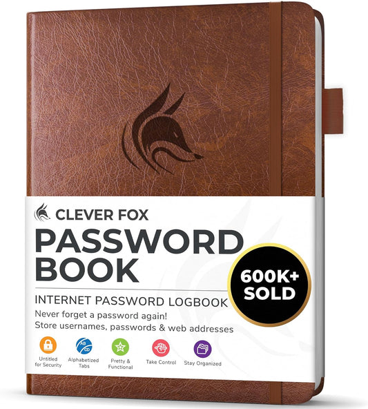 Clever Fox Password Book with alphabetical tabs. Internet Address Organizer Logbook. Small Pocket Password Keeper for Website Logins (Brown)
