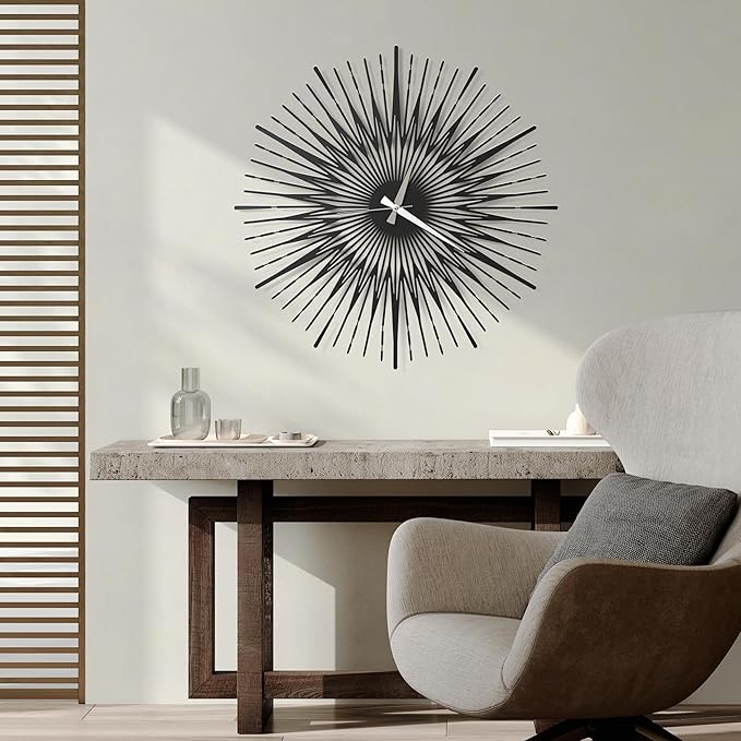 Sun Rays Wall Clock, Large Metal Decorative Wall Clock, Modern Minimalist Wall Decor (Black, Small)