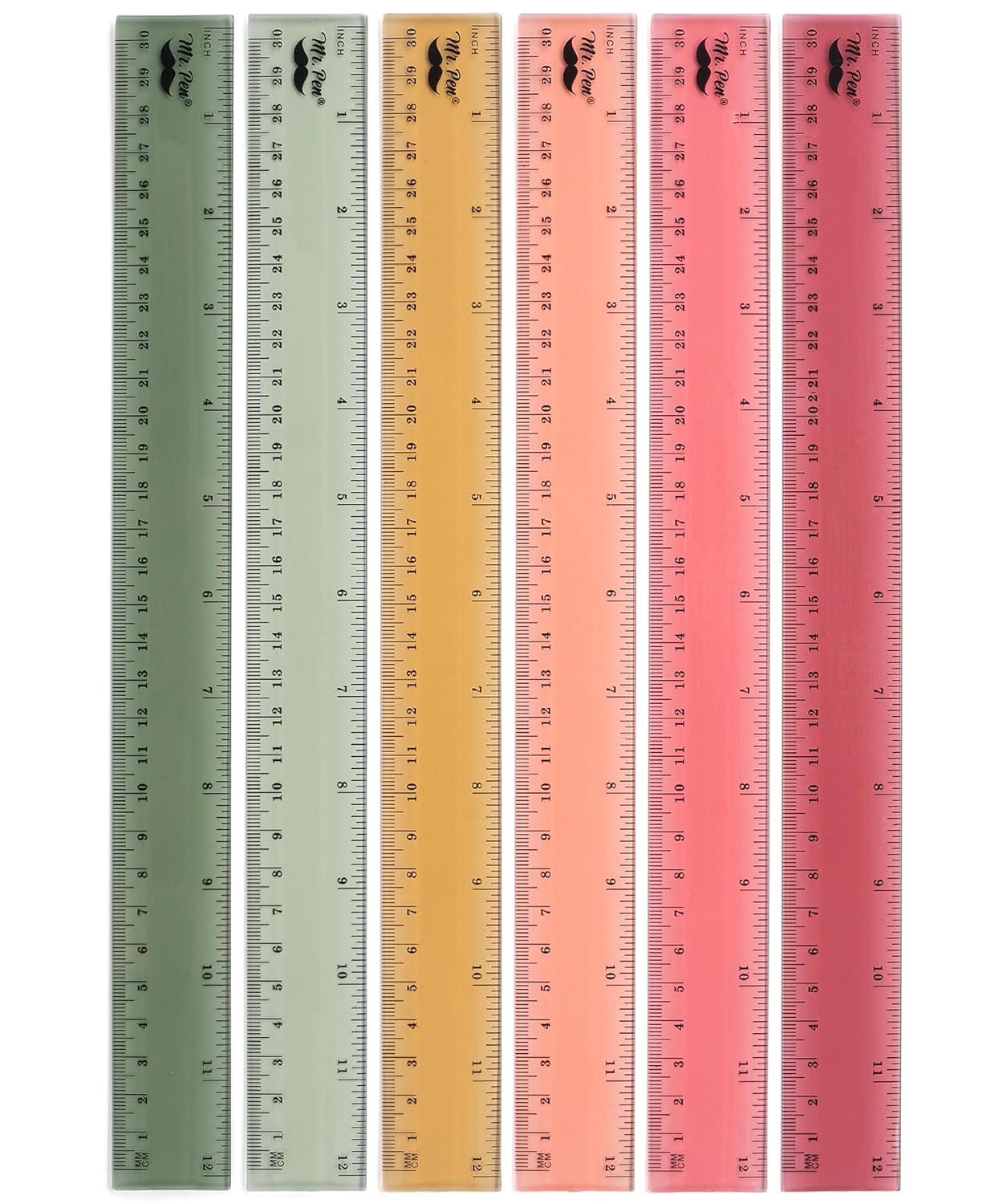 Mr. Pen- Ruler, 12 inch Ruler, 6 Pack, Vintage Colors, Clear Rulers 12 Inch, Rulers for School, Back to School Supplies