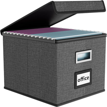 Collapsible File Storage Organizer Boxes with Lids, Linen Office Document Storage Box, Filing Box, Decorative Small File Box for Hanging File, Single File Box with Plastic Slide for Office/Decor/Home