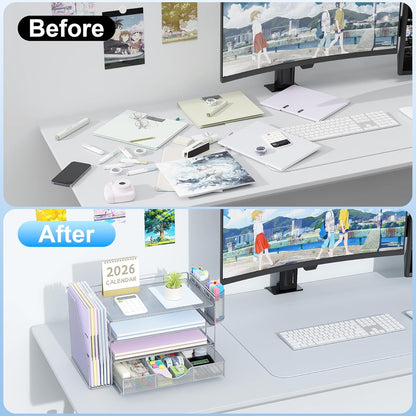 gianotter Desk Organizers and Accessories with File Holder, 4-Tier Desk Accessories & Workspace Organizers with Drawer and 2 Pen Holder, Paper Organizer for Office Supplies (Grey)