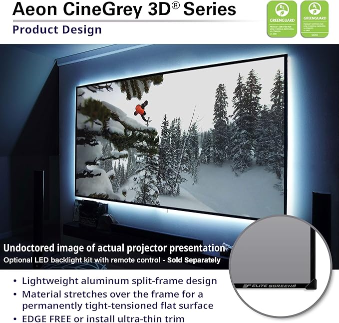Elite Screens Aeon CineGrey 3D, 100" Fixed Frame CLR/ALR Projector Screen 16:9, Standard Throw Projection, Edge Free Ceiling & Ambient Light Rejecting, Wall-Mounted, for Movie Home Theater, AR100DHD3