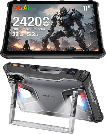 Ulefone Armor Pad 5 Ultra 5G Rugged Tablet with 200 Lumens Projector, 32GB+512GB/2TB Expansion Android 15, 24200mAh(120W), 11" FHD+ Screen, IP68/69K, 64MP+64MP, 32MP, Dual LED Lights, Widevine L1