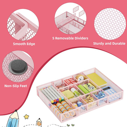 Marbrasse Expandable Desk Drawer Organizer, Mesh Tray with 10 Adjustable Compartments, Desk Organizers for Office Supplies, Makeup & Vanity (Expandable-Pink)