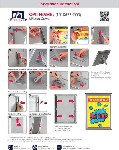 M&T Displays Opti Snap Poster Frame 8.5x11 Inch with Back Support Silver Color Aluminum Profile, Front Loading, Wall Mounting, Photo, Picture, Document, Sign Holder