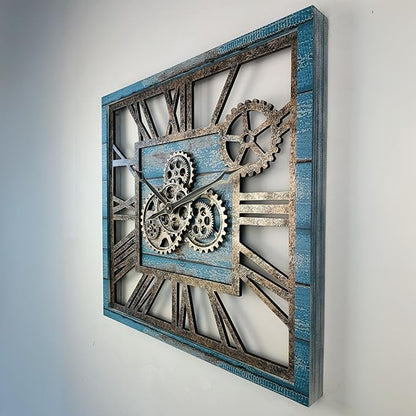 ImprovingLife The Gears Clock 24'' Inch Square Real Moving Gear Wall Clock Vintage Industrial Oversized Rustic Farmhouse (Ocean Blue)
