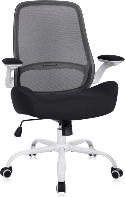 HYLONE Heavy Duty Office Chair, 5" Thickened Seat Ergonomic Desk Chair with Adjustable Armrests, Home Office Computer Chairs for Long Hours Mesh Executive Chair(White Base & Black)
