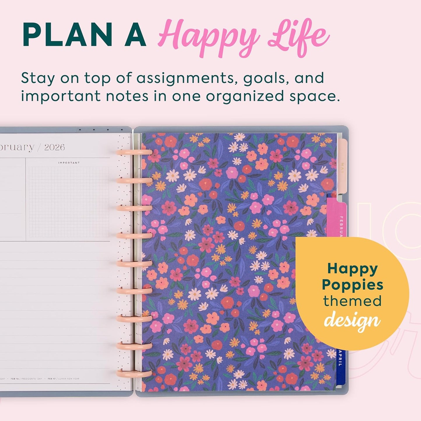 Happy Planner Disc-Bound Planner Jan.–Dec. 2026, Includes 3 Extra Months and 2 Sticker Sheets, Classic Size, 7" x 9.25", Dashboard Layout, Happy Poppies