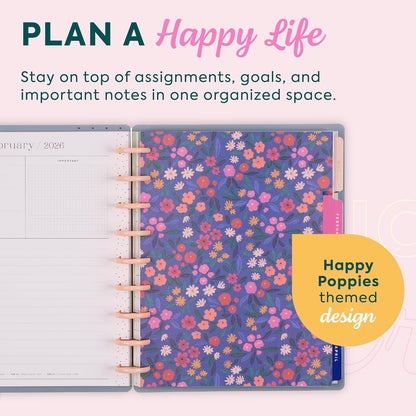 Happy Planner Disc-Bound Planner Jan.–Dec. 2026, Includes 3 Extra Months and 2 Sticker Sheets, Classic Size, 7" x 9.25", Dashboard Layout, Happy Poppies
