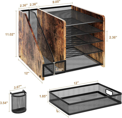 Marbrasse Desk Organizer with File Holder, 5-Tier Paper Letter Tray Organizer with Drawer and 2 Pen Holder, Mesh Desktop Organizer and Storage with Magazine Holder for Office Supplies (Wood-Brown)