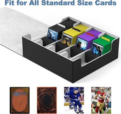 Mlikero Card Deck Case, 2400+ Trading Card Storage Box with 10 Colorful Dividers and 4 Foam Stoppers, Leather Magnetic Closure Commander Deck Box Fit for MTG, TCG (4 Rows, Black&Grey)