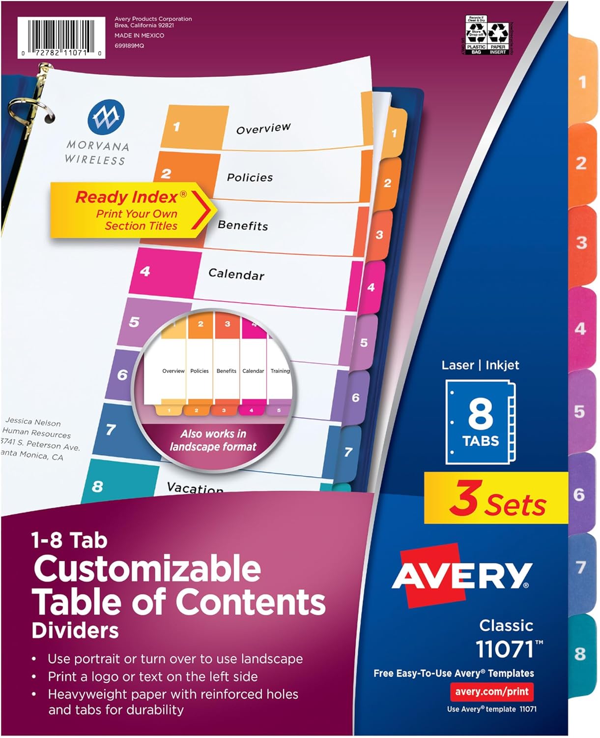 Avery Dividers for 3 Ring Binders, 8 Tabs per Set, Customizable Table of Contents, Multicolor Tabs, Great for Organizing Reports, Projects, and More (3 Sets of 11071)