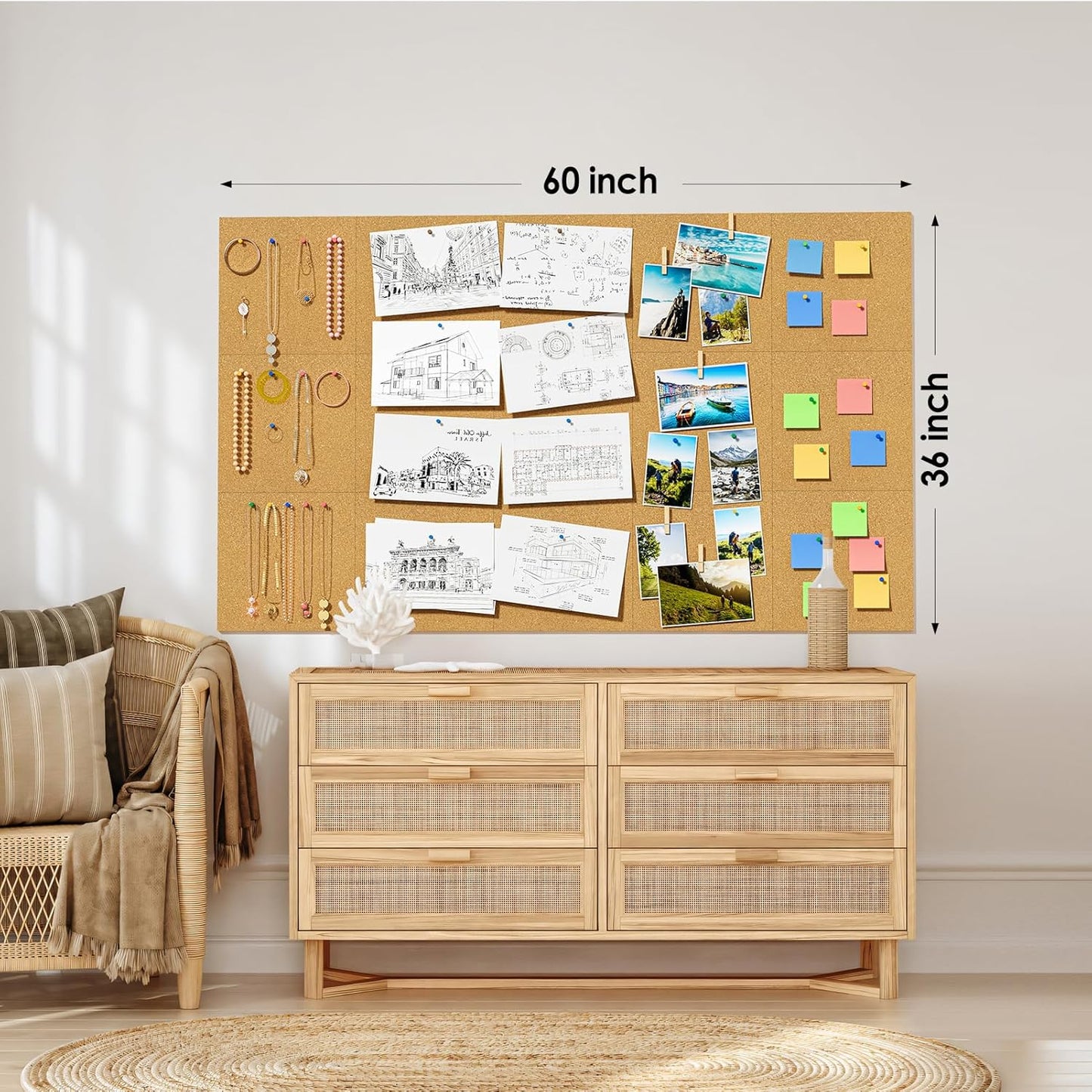 MaxGear Large Cork Board for Wall 60" x 36", 15 Pack Cork Board Tiles with 40 Pushpins & Safe Removable Adhesive Tabs, 12" x 12" Corkboards for Office, School, Home