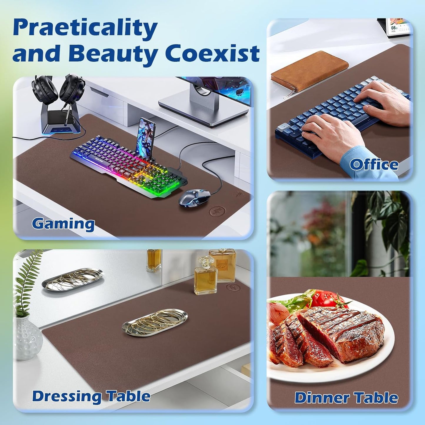 Wireless Charging Desk Mat with Desk Pad for Desktop Charging Large Mouse Pad Waterproof Leather Computer Mat Mouse Pad Non-Slip Protector on Top of Desks for Keyboard and Mouse (brown-r, 36*17inch)