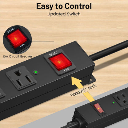 KF 10 Outlet Long Power Strip, Heavy Duty Surge Protector with 2100J, 15A/1875W Wall Mount Power Strip with Upgraded Switch, 6FT Extension Cord, Black