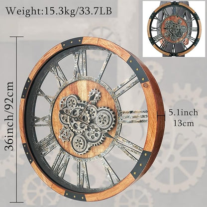 36 Inch Moving Gear Wall Clock, Oversized Wall Clocks, Clock Living Room Decor, Solid Wood Frame, Battery Operated, Large Wall Clock with Steampunk Industrial for Fireplace(Brown)