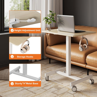 Mobile Small Standing Desk, Gas Spring Adjustable Height Rolling Portable Laptop Desk with Lockable Wheels, Computer Workstation, Rolling Podium (Maple Top + White Frame, 18 * 26)