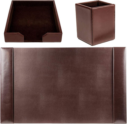 Dacasso Bonded Set Luxury Leather Desk Pad & Desk Organization Essentials, 3 Piece, Dark Brown