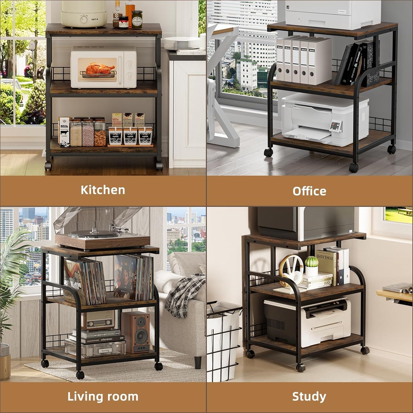 Lerliuo Large Printer Stand with Storage, 23.6"W x 18.9"D x 30.2"H, 5-Adjustable Shelf Heights Mobile 3 Tier Table with Lockable Wheels, Industrial Rolling Printer Cart, Brown Stands for Home Office