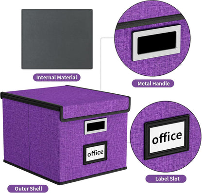 Huolewa File Organizer Box with Lid, Collapsible File Folder Organizer for Office Document Storage, Filing Box with Plastic Slide for Letter/Legal Size Hanging Files, Purple