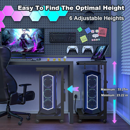 Height Adjustable Computer Tower Stand with Charge Station and USB Charging Port, 2-Tier ATX-Case Cart, Under Desk Mobile PC Stand, CPU Holder Cart with Locking Caster Wheels for Fits Most PC