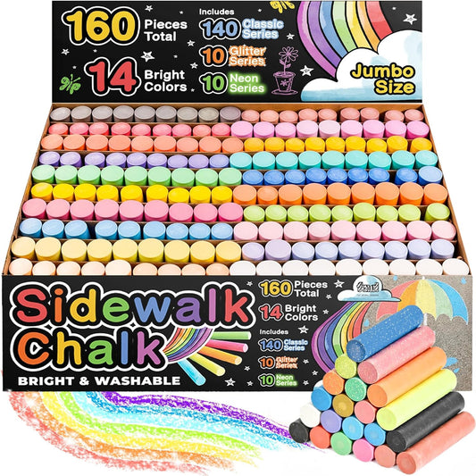 160 PCS Sidewalk Chalk for Kids - 14 Colors, 10 Glitter, 10 Neon Non-Toxic Washable Jumbo Chalks - Bulk Set of Outdoor Paint for Kids and Toddlers - Chalkboard Toys - Big Bucket Chalk for Party