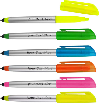 Personalized Pens with Highlighter and Stylus -250 Pack Bulk-Free Imprint - 3 In Highlighter, Ballpoint Pen, and Stylus Combo- add Custom Business Name, Logo or Gift Message- Assorted, Black Imprint