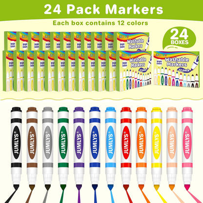 Jumlys 24 Boxes Washable Markers with 12 Colors, Bulk Color Marker for School Classroom, 288 Count Broad Tip Markers for Kids, Classroom Must Haves