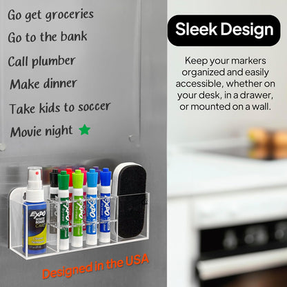 Strong Magnetic Dry Erase Marker Holder for Whiteboard, 8-Slot Acrylic Pen Organizer with Glass and Wall Mount Accessories for Fridge, Office, and Classroom. Markers, Eraser, Cleaner Not Included