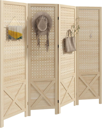 NicBex Room Divider 4 Panel Room Dividers with Pegboard Design Partition Room Dividers and Folding Privacy Screens 4.7 FT Wall Divider for Home, Office, Room Separation,59.75"W x 0.75"D x 57"H,Natural
