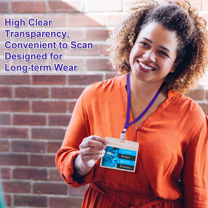 Marspark 100 Sets Clear Name Tags with Lanyard, Lanyards for ID Badges Reusable Strap with ID Holder Plastic Name Badges for Adults Business School Church Conference (Dark Purple)